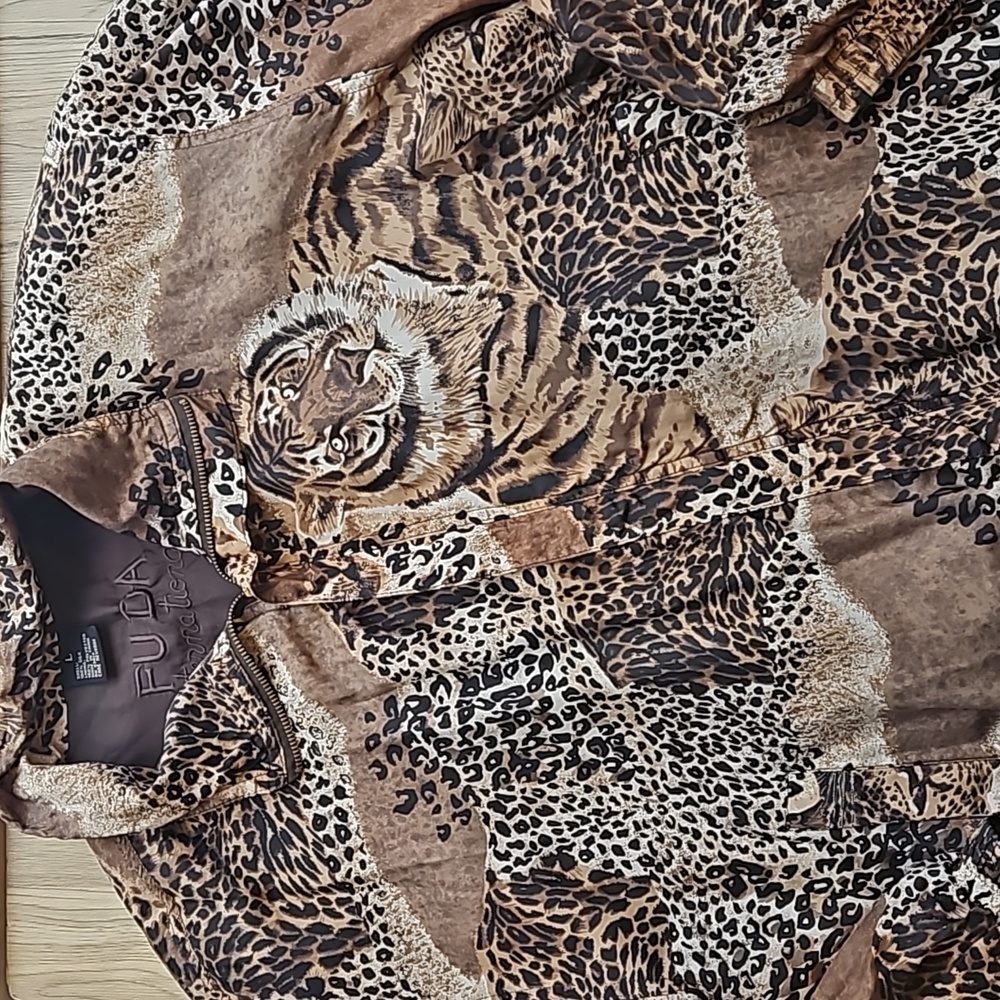 Fuda International Vintage Animal Print Big Cat Safari 100% Silk Windbreaker L